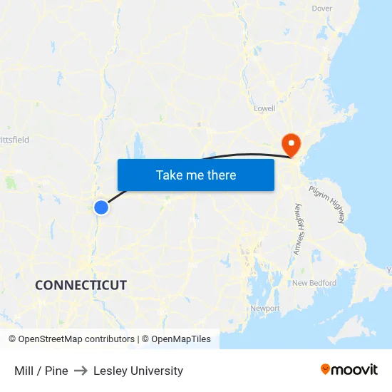 Mill / Pine to Lesley University map