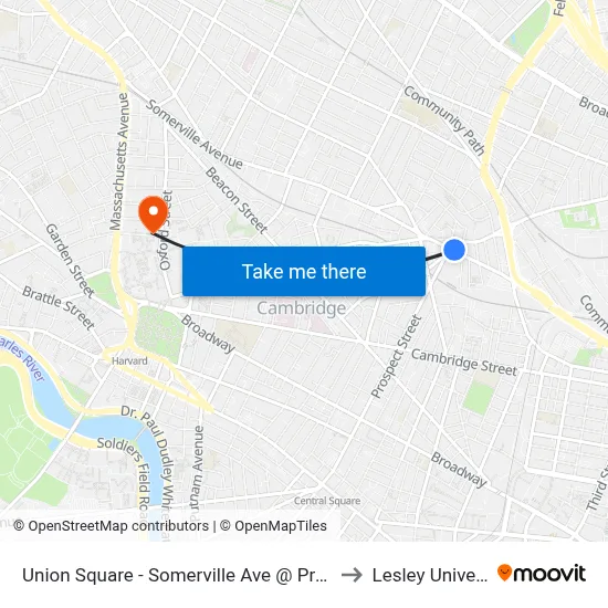 Union Square - Somerville Ave @ Prospect St to Lesley University map
