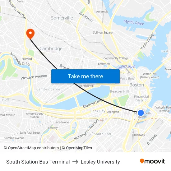 South Station Bus Terminal to Lesley University map