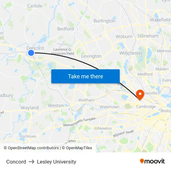 Concord to Lesley University map