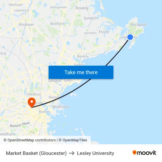 Market Basket (Gloucester) to Lesley University map