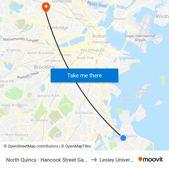 North Quincy - Hancock Street Garage to Lesley University map