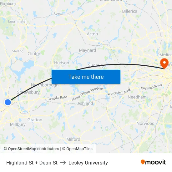 Highland St + Dean St to Lesley University map