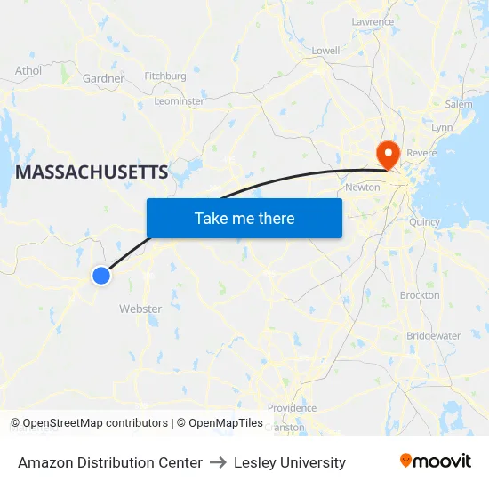 Amazon Distribution Center to Lesley University map