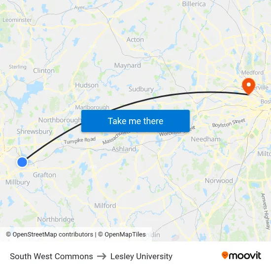 South West Commons to Lesley University map