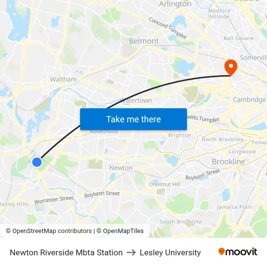 Newton Riverside Mbta Station to Lesley University map
