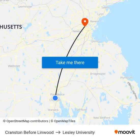 Cranston Before Linwood to Lesley University map