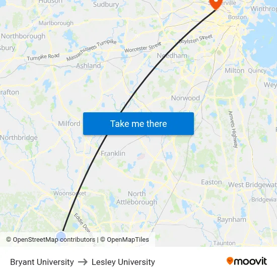 Bryant University to Lesley University map
