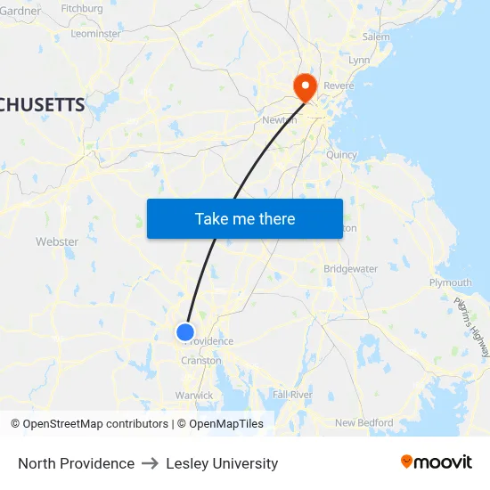 North Providence to Lesley University map