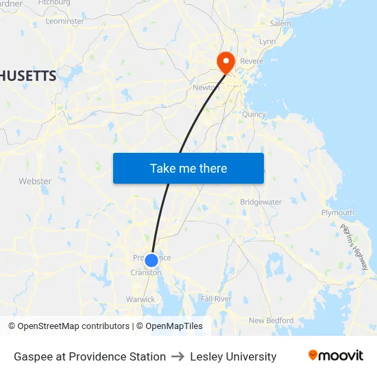 Gaspee at Providence Station to Lesley University map