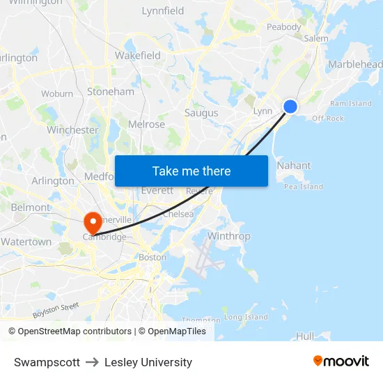Swampscott to Lesley University map