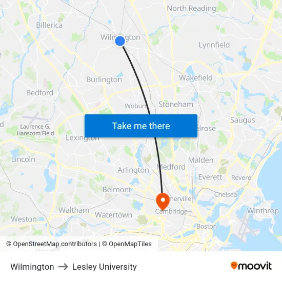 Wilmington to Lesley University map