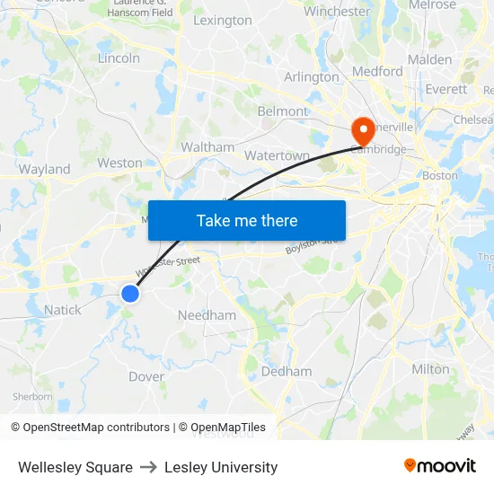 Wellesley Square to Lesley University map