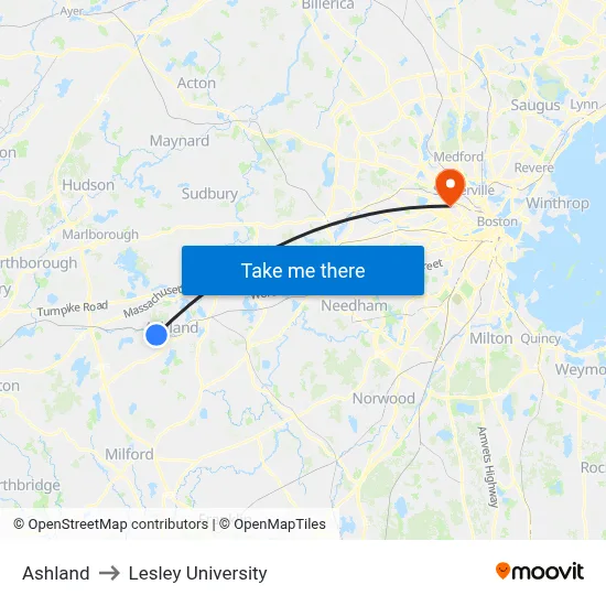Ashland to Lesley University map