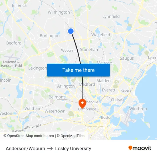 Anderson/Woburn to Lesley University map