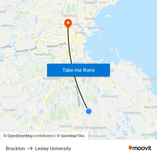 Brockton to Lesley University map
