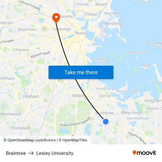 Braintree to Lesley University map