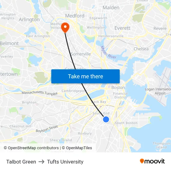 Talbot Green to Tufts University map