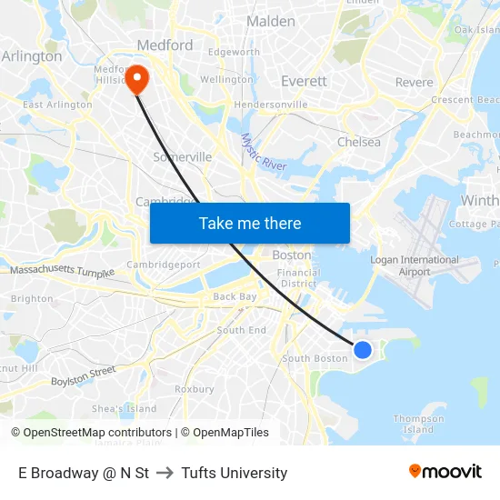 E Broadway @ N St to Tufts University map