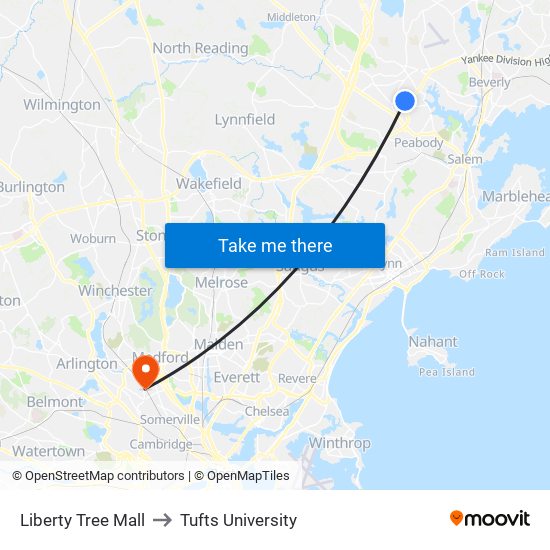 Liberty Tree Mall to Tufts University map