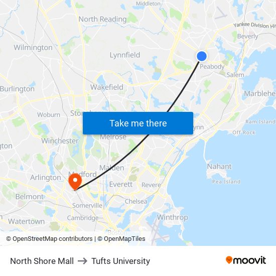 North Shore Mall to Tufts University map