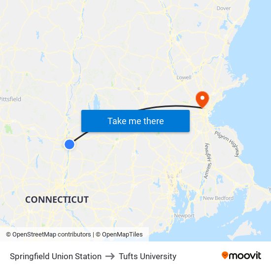 Springfield Union Station to Tufts University map