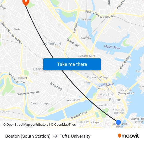 Boston (South Station) to Tufts University map