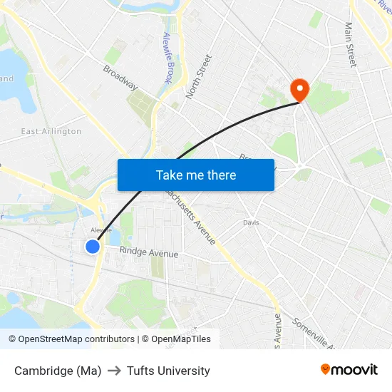 Cambridge (Ma) to Tufts University map
