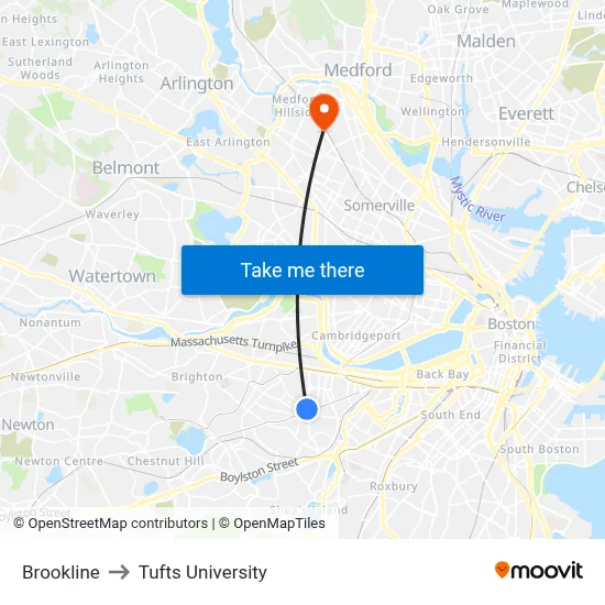 Brookline to Tufts University map
