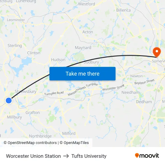 Worcester Union Station to Tufts University map
