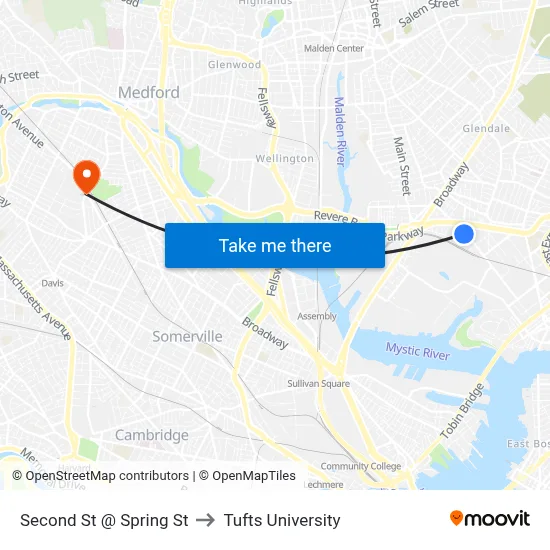 Second St @ Spring St to Tufts University map