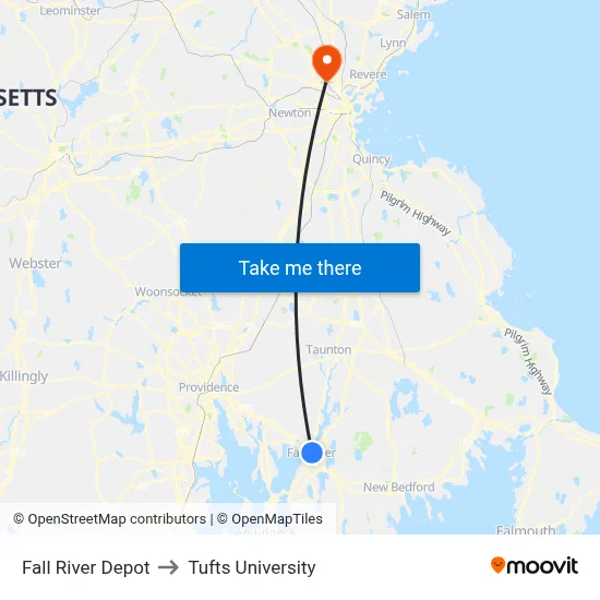 Fall River Depot to Tufts University map