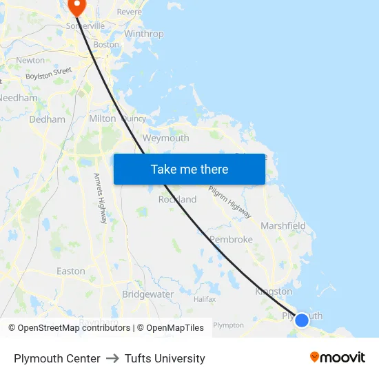 Plymouth Center to Tufts University map