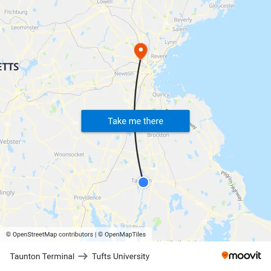 Taunton Terminal to Tufts University map