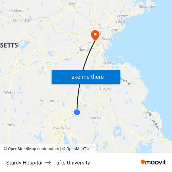 Sturdy Hospital to Tufts University map
