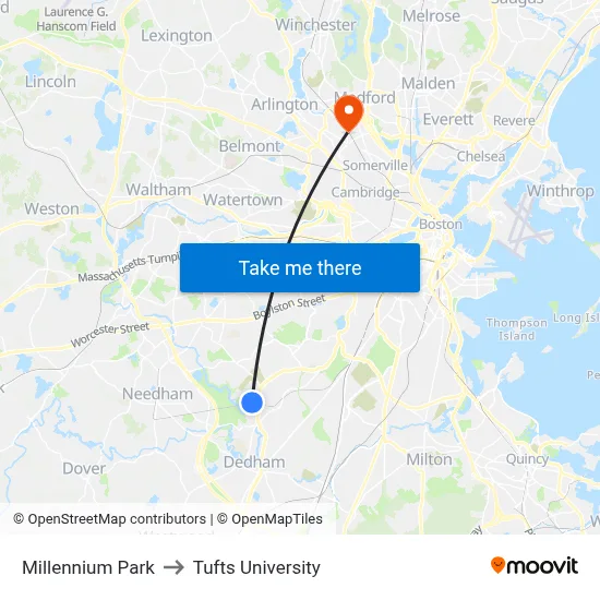 Millennium Park to Tufts University map