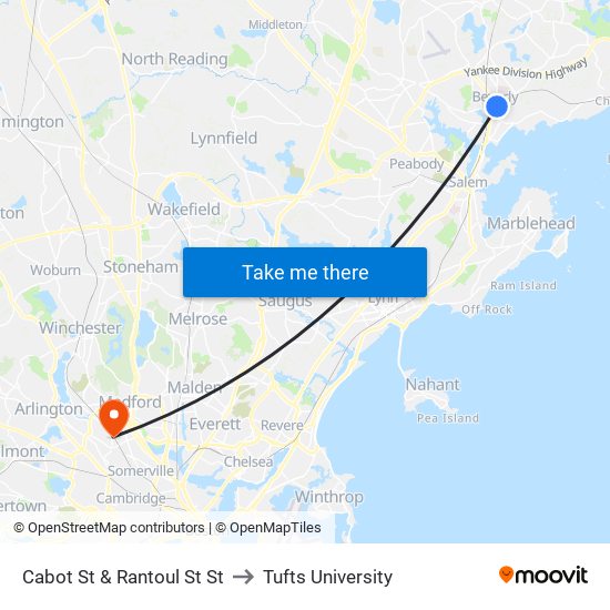 Cabot St & Rantoul St St to Tufts University map