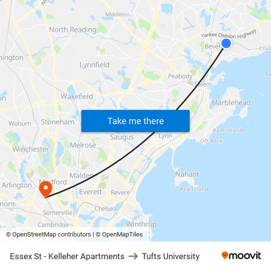 Essex St - Kelleher Apartments to Tufts University map