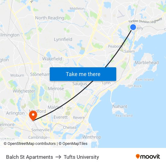 Balch St Apartments to Tufts University map