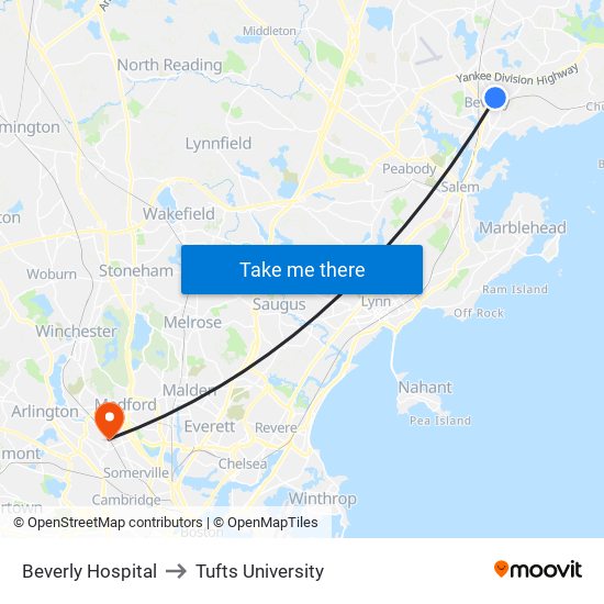 Beverly Hospital to Tufts University map