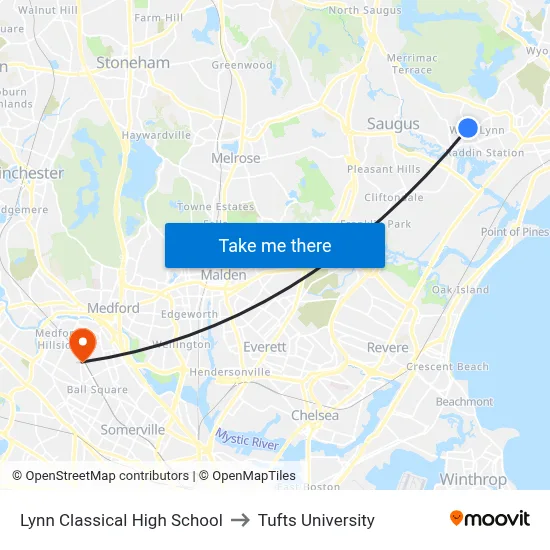 Lynn Classical High School to Tufts University map