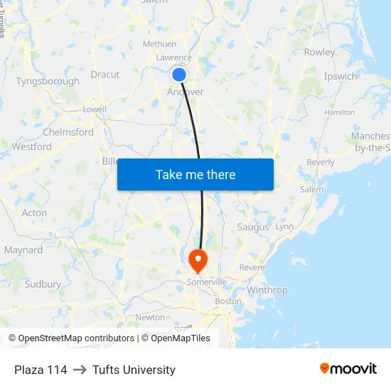 Plaza 114 to Tufts University map