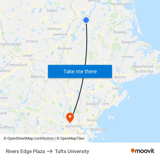Rivers Edge Plaza to Tufts University map