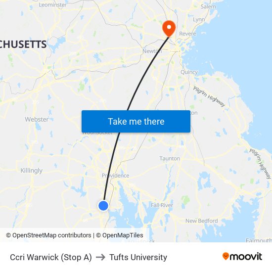 Ccri Warwick (Stop A) to Tufts University map