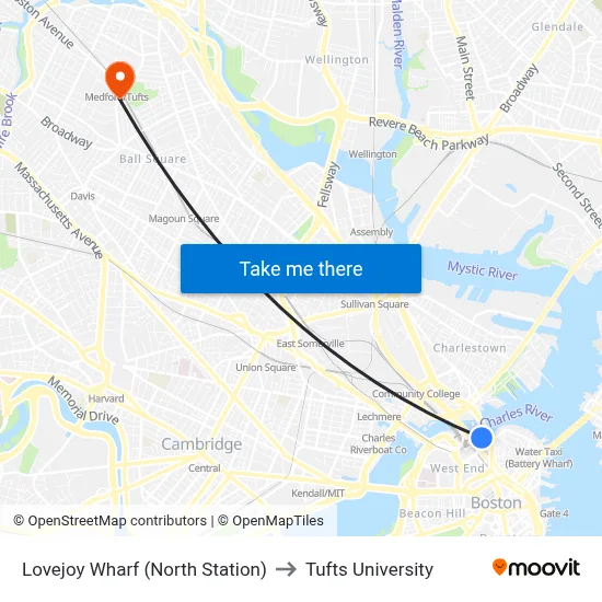 Lovejoy Wharf (North Station) to Tufts University map