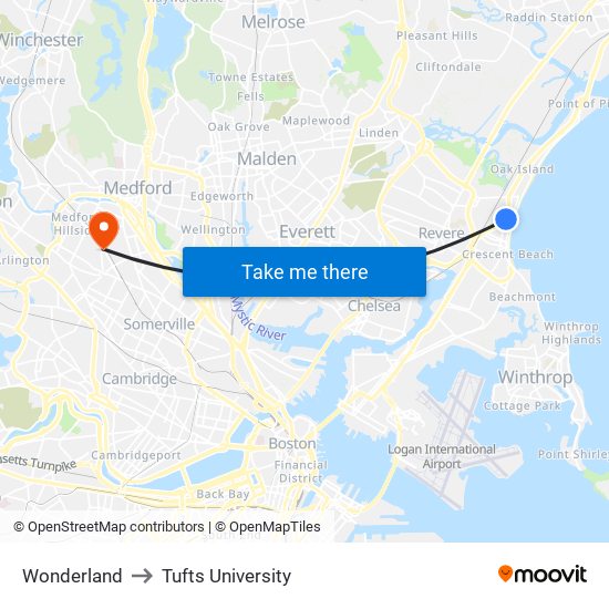 Wonderland to Tufts University map