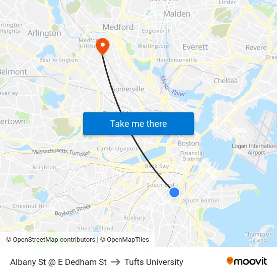 Albany St @ E Dedham St to Tufts University map