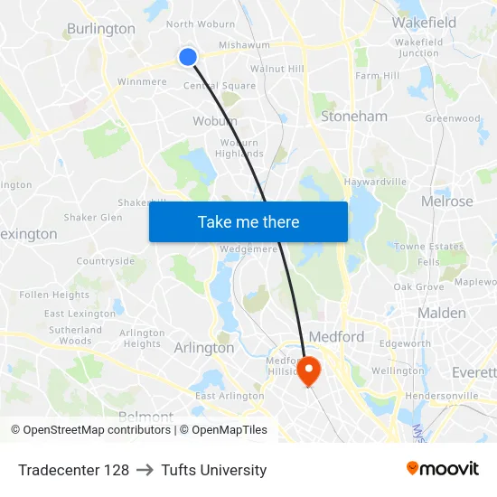 Tradecenter 128 to Tufts University map