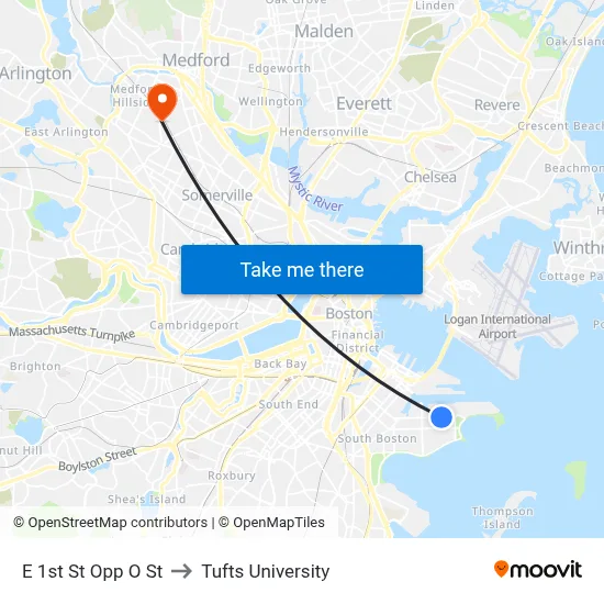 E 1st St Opp O St to Tufts University map