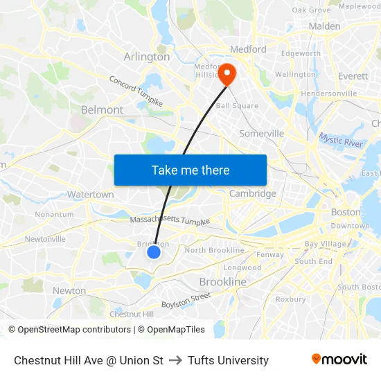 Chestnut Hill Ave @ Union St to Tufts University map